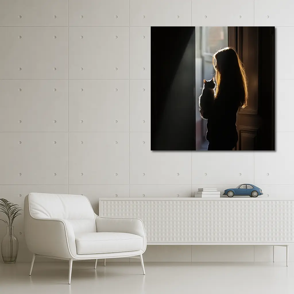 Girl Holding Cat Silhouette Window Light – Wall Art