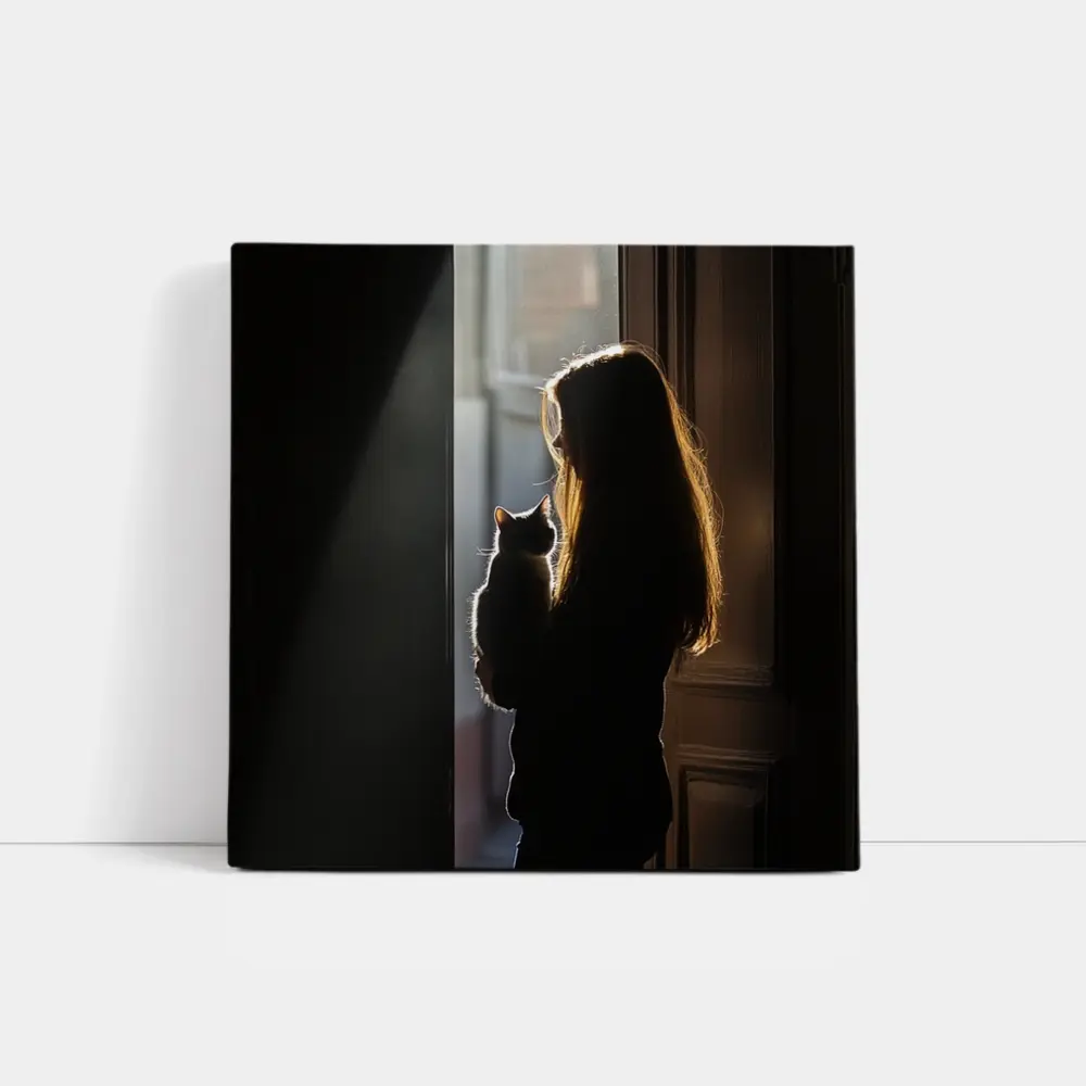 Girl Holding Cat Silhouette Window Light – Wall Art