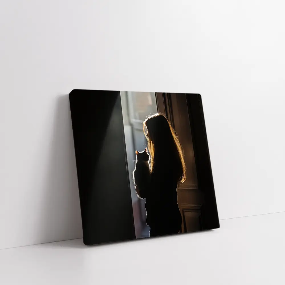 Girl Holding Cat Silhouette Window Light – Wall Art