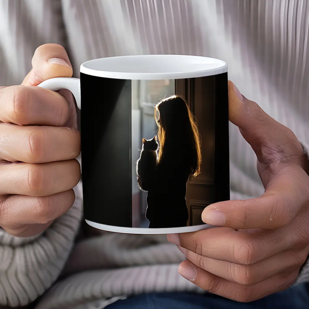 Girl Holding Cat Silhouette Window Light – Mugs