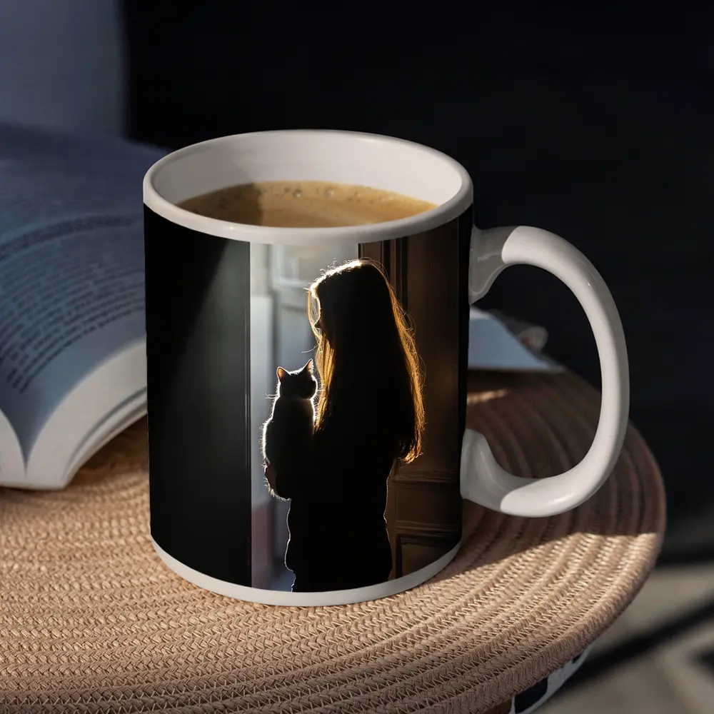 Girl Holding Cat Silhouette Window Light – Mugs
