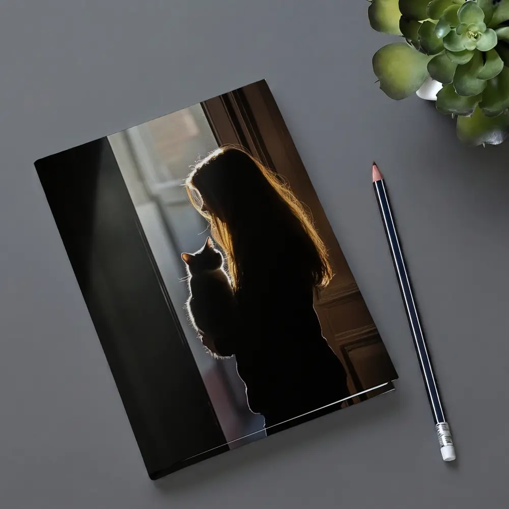 Girl Holding Cat Silhouette Window Light – Notebooks