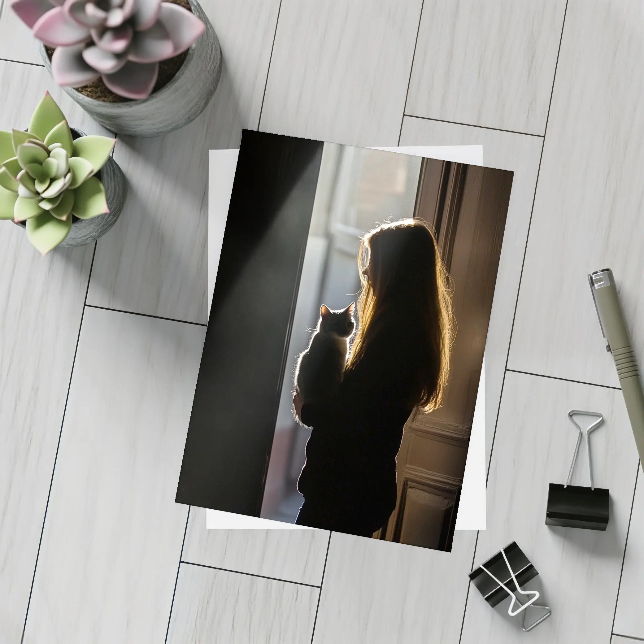 Girl Holding Cat Silhouette Window Light – Postcards