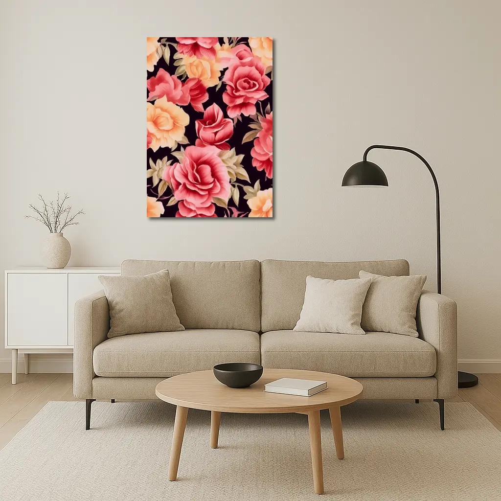 Pink Peach Roses Floral Pattern Dark Background – Wall Art