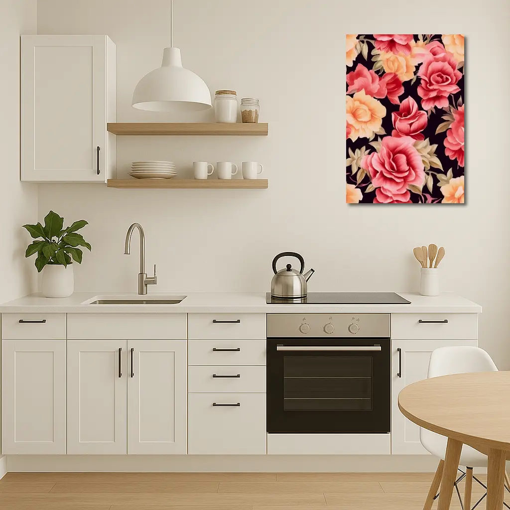 Pink Peach Roses Floral Pattern Dark Background – Wall Art