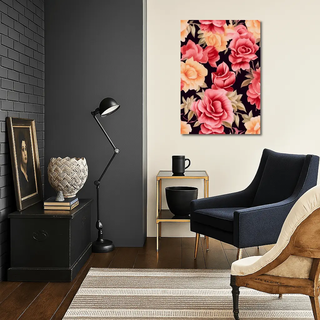 Pink Peach Roses Floral Pattern Dark Background – Wall Art