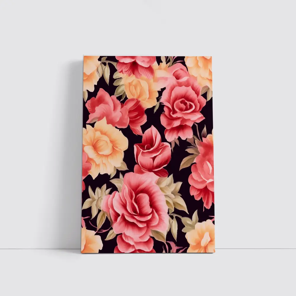 Pink Peach Roses Floral Pattern Dark Background – Wall Art