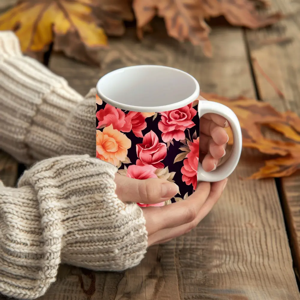 Pink Peach Roses Floral Pattern Dark Background – Mugs