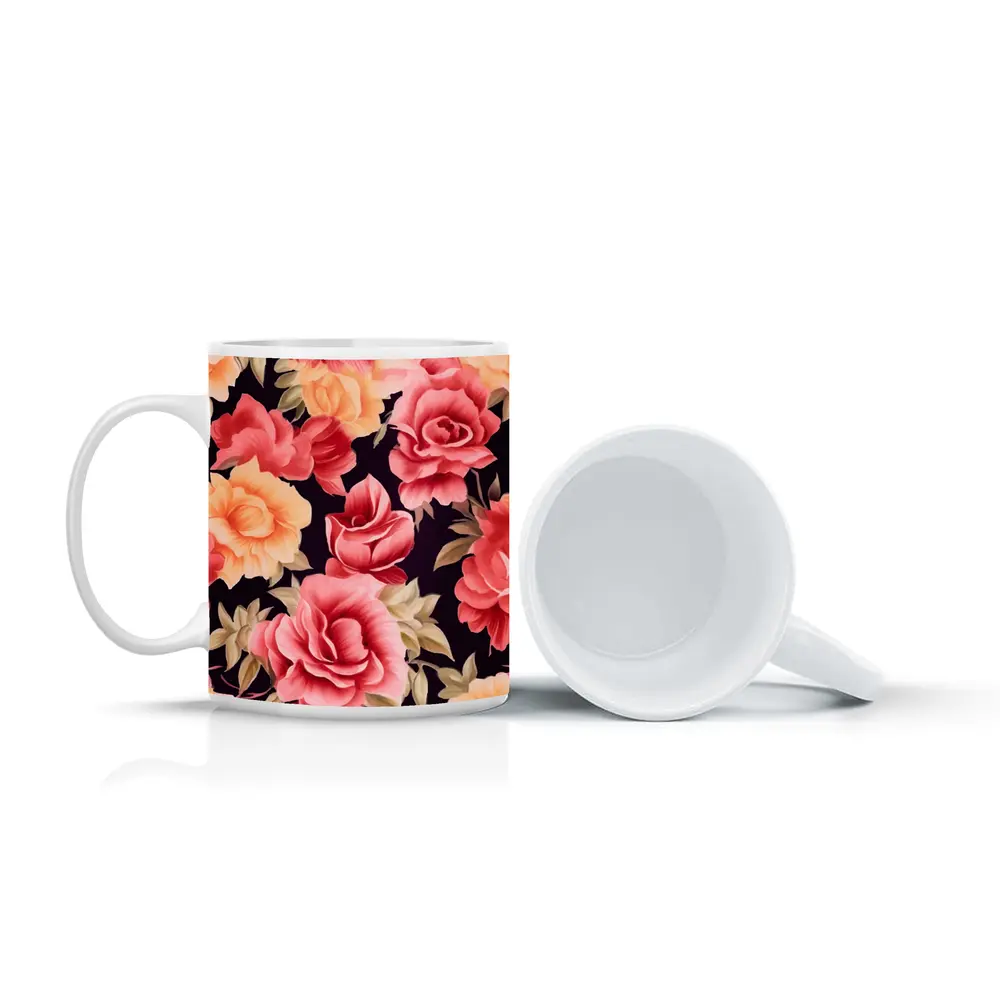 Pink Peach Roses Floral Pattern Dark Background – Mugs