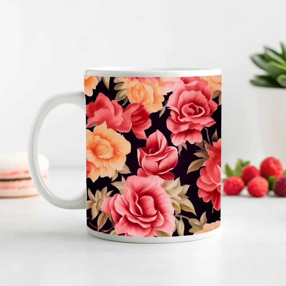 Pink Peach Roses Floral Pattern Dark Background – Mugs