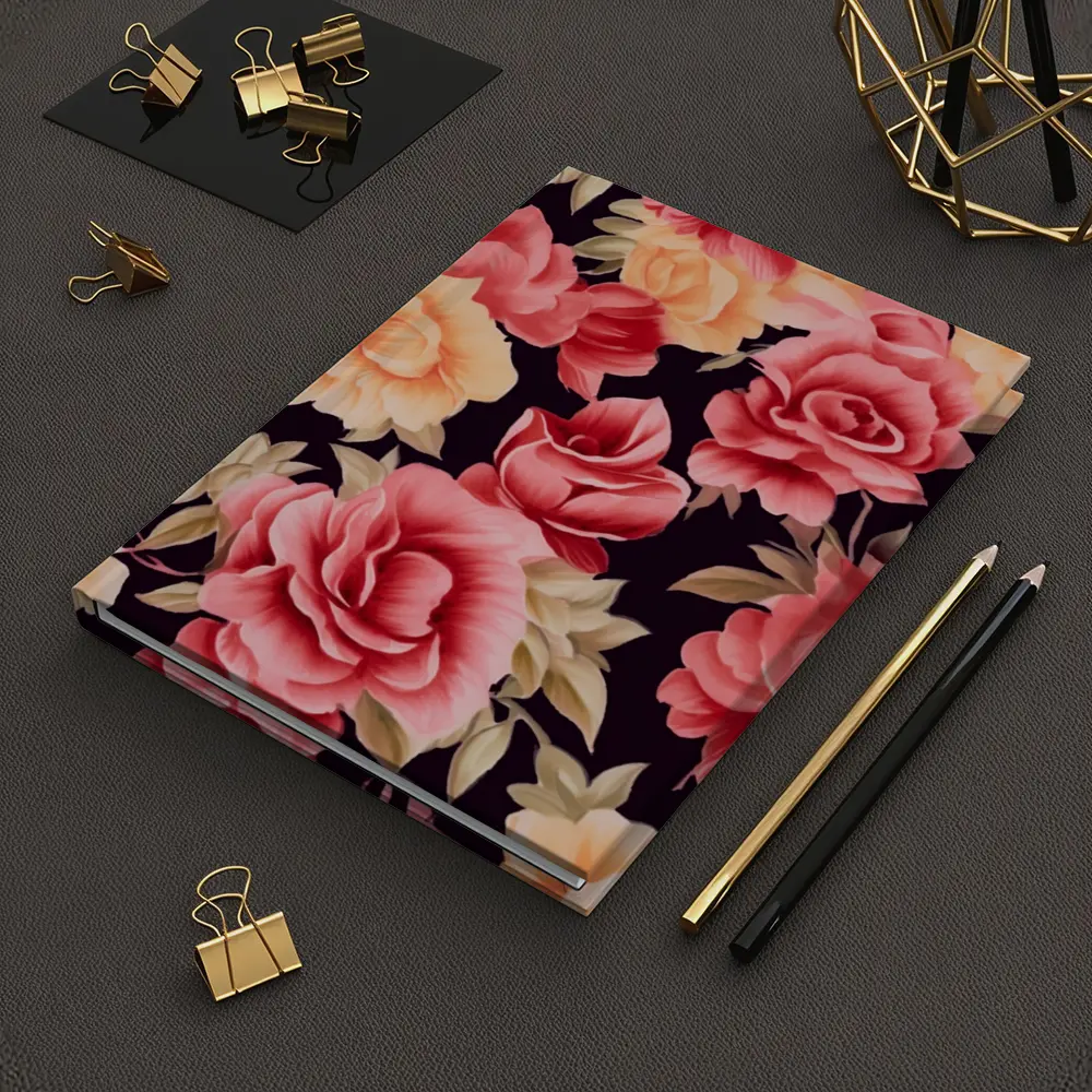 Pink Peach Roses Floral Pattern Dark Background – Notebooks