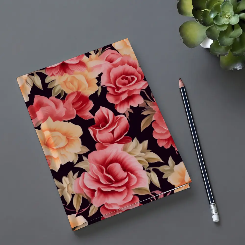 Pink Peach Roses Floral Pattern Dark Background – Notebooks