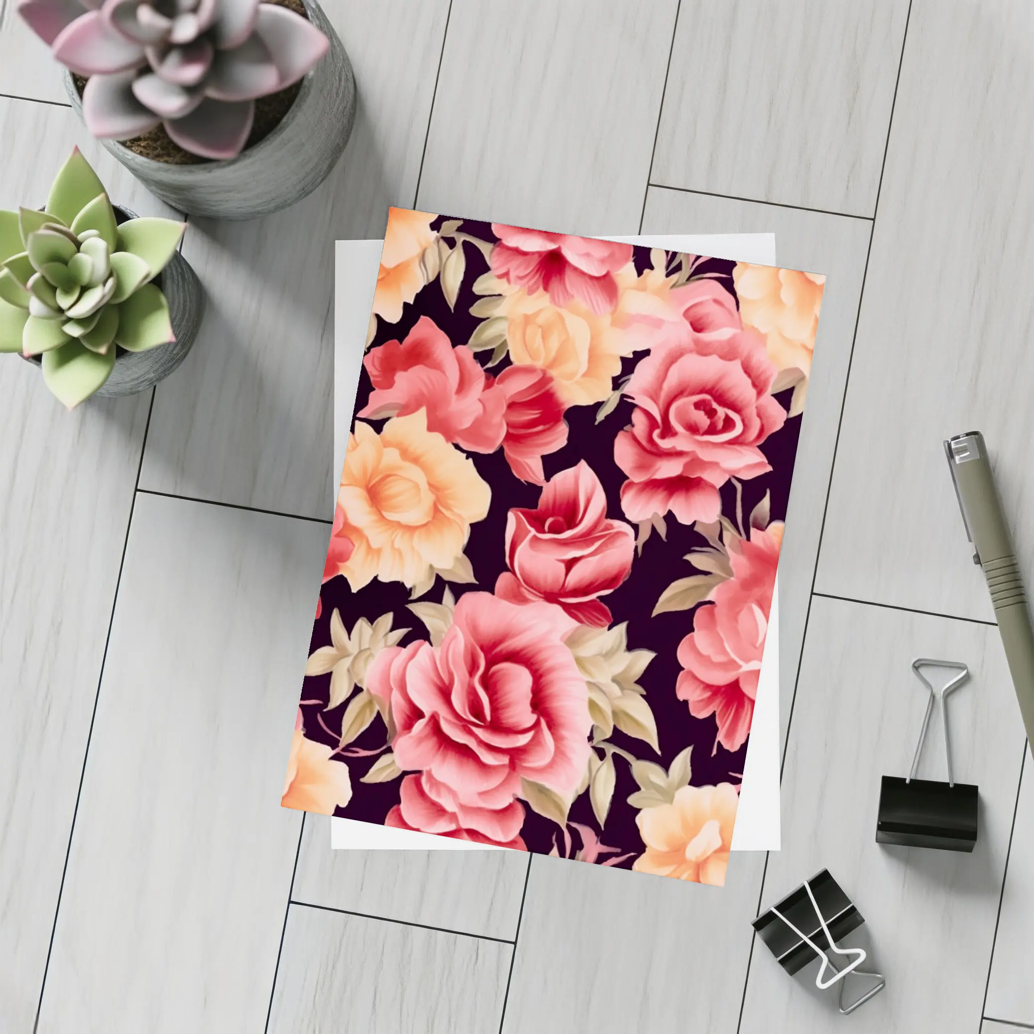 Pink Peach Roses Floral Pattern Dark Background – Postcards