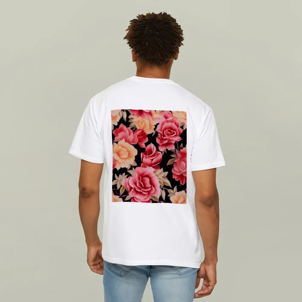 Pink Peach Roses Floral Pattern Dark Background – T-Shirts