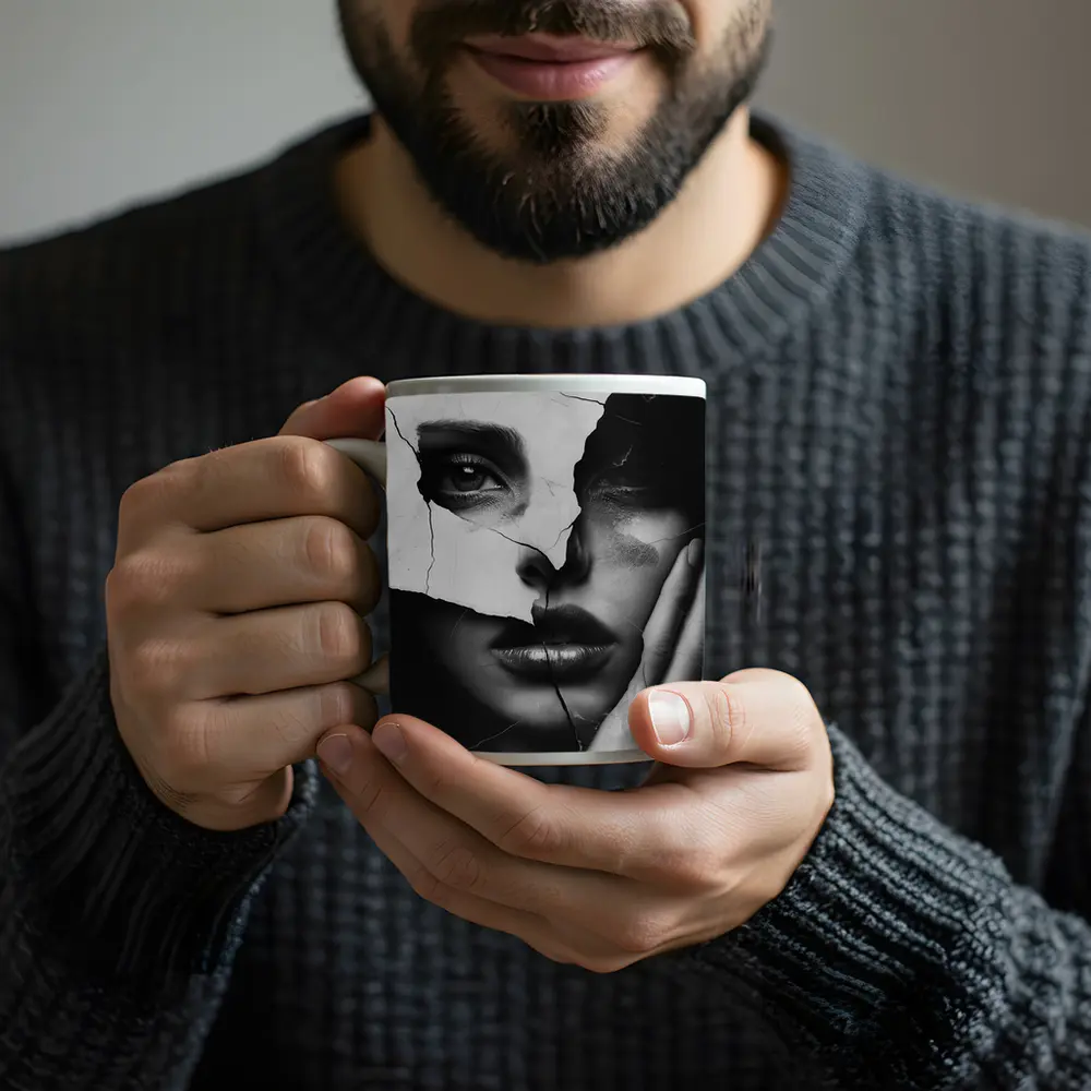 Cracked Black White Woman Face Collage Art – Mugs