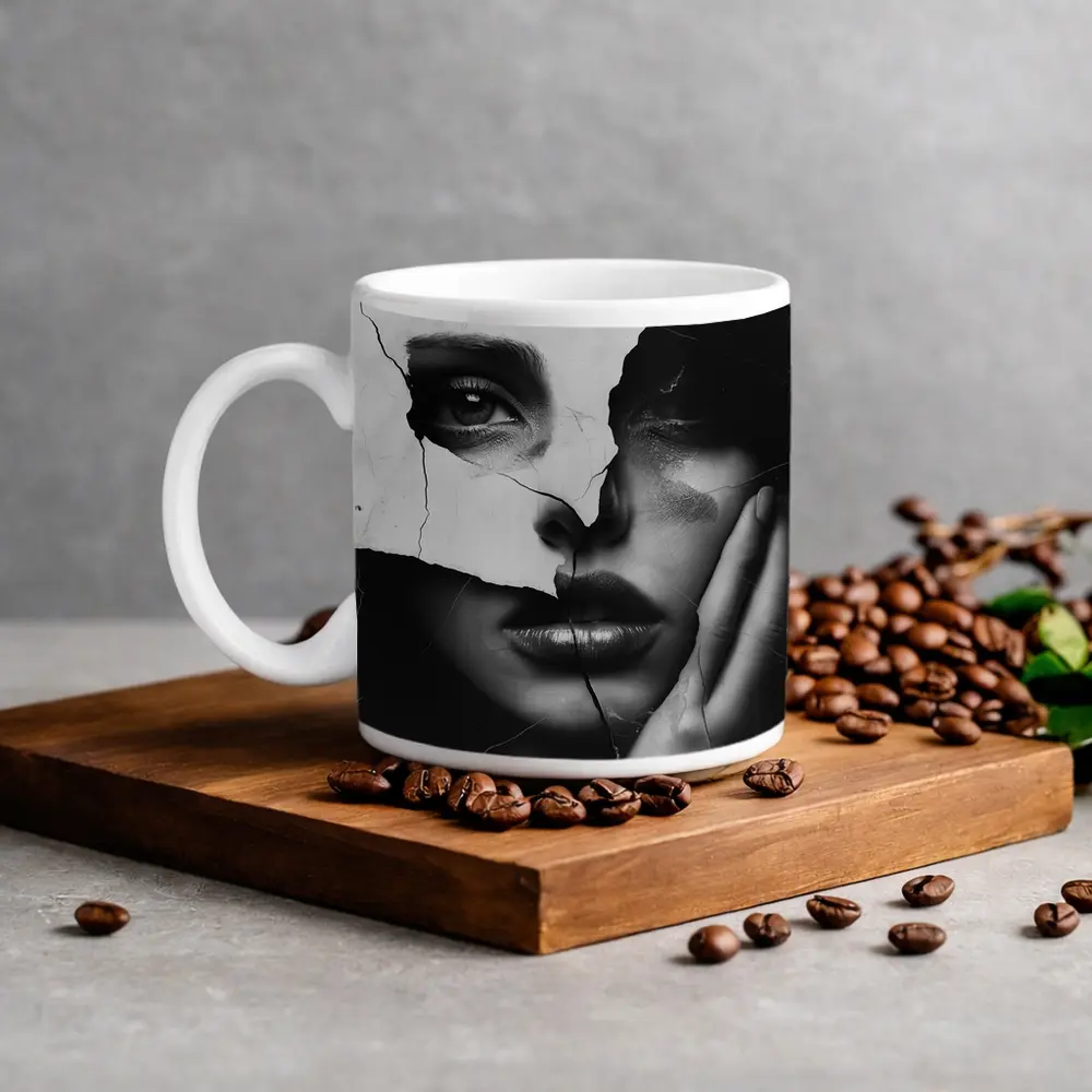Cracked Black White Woman Face Collage Art – Mugs