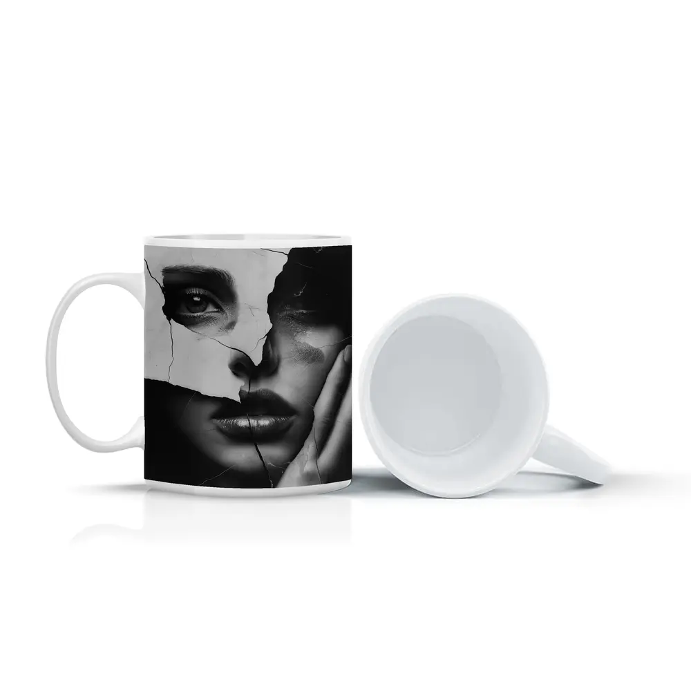Cracked Black White Woman Face Collage Art – Mugs