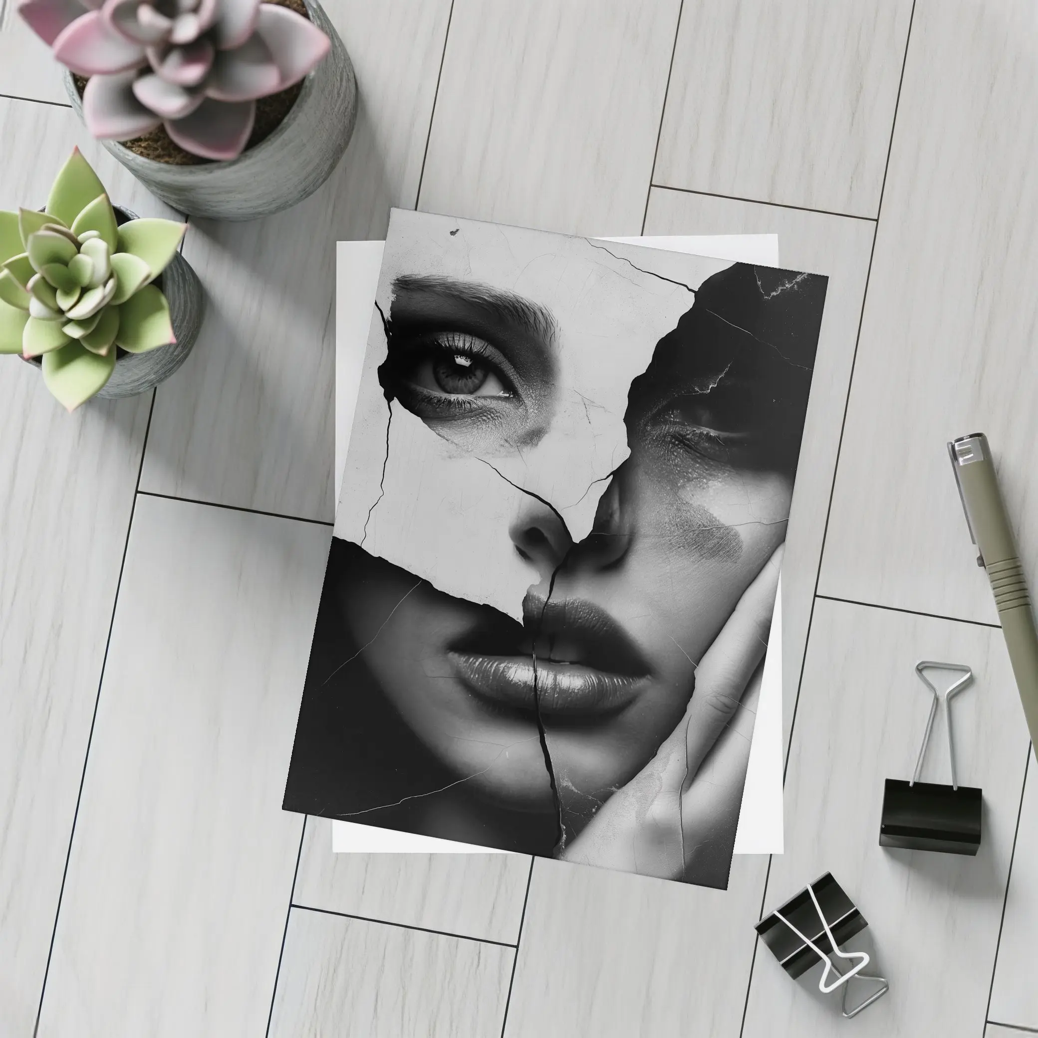 Cracked Black White Woman Face Collage Art – Postcards