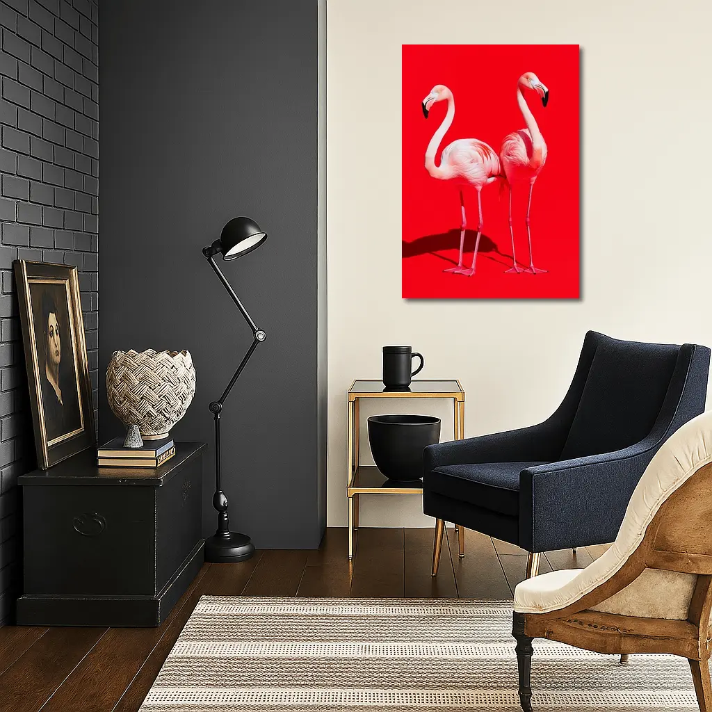 Two Pink Flamingos On Red Background – Wall Art