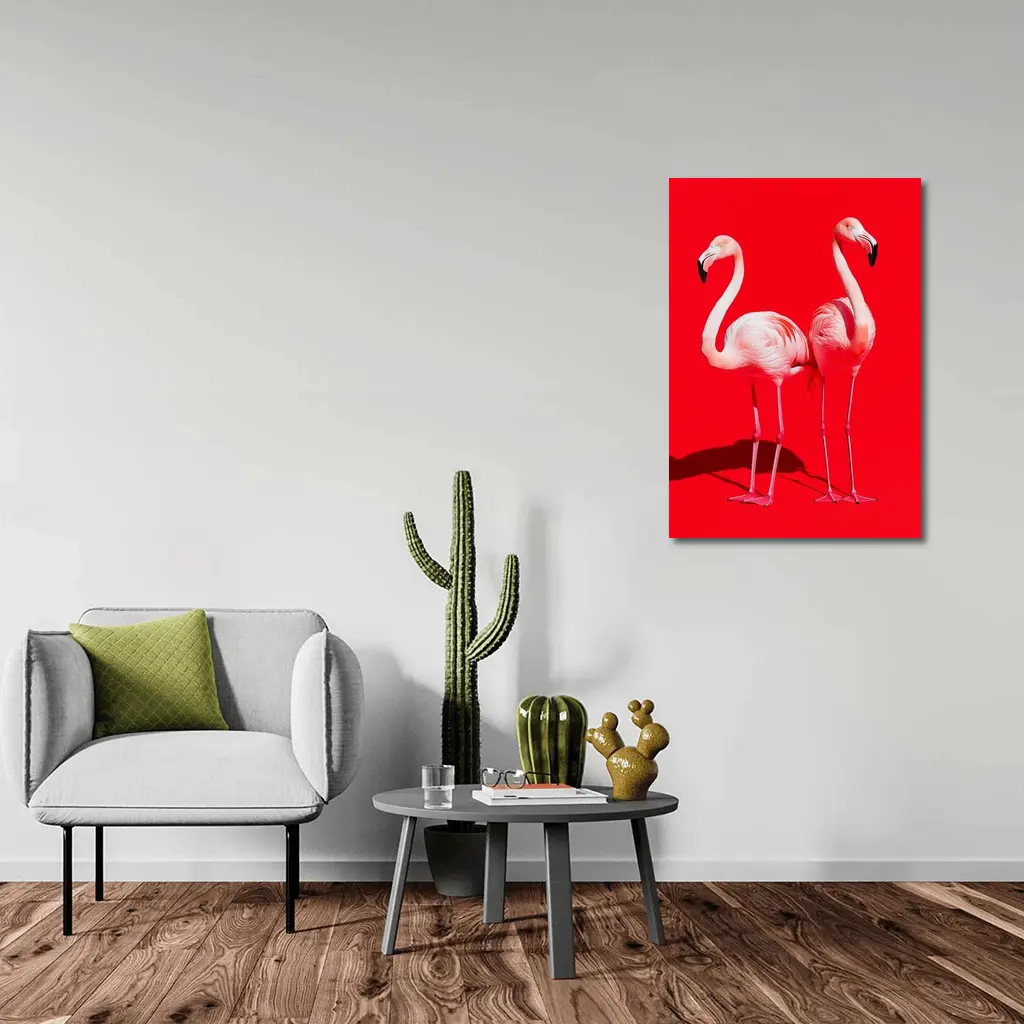 Two Pink Flamingos On Red Background – Wall Art