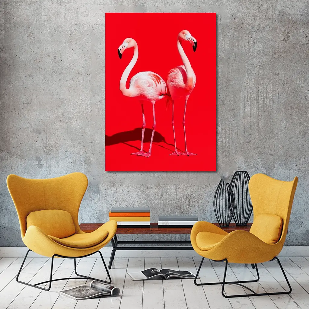 Two Pink Flamingos On Red Background – Wall Art