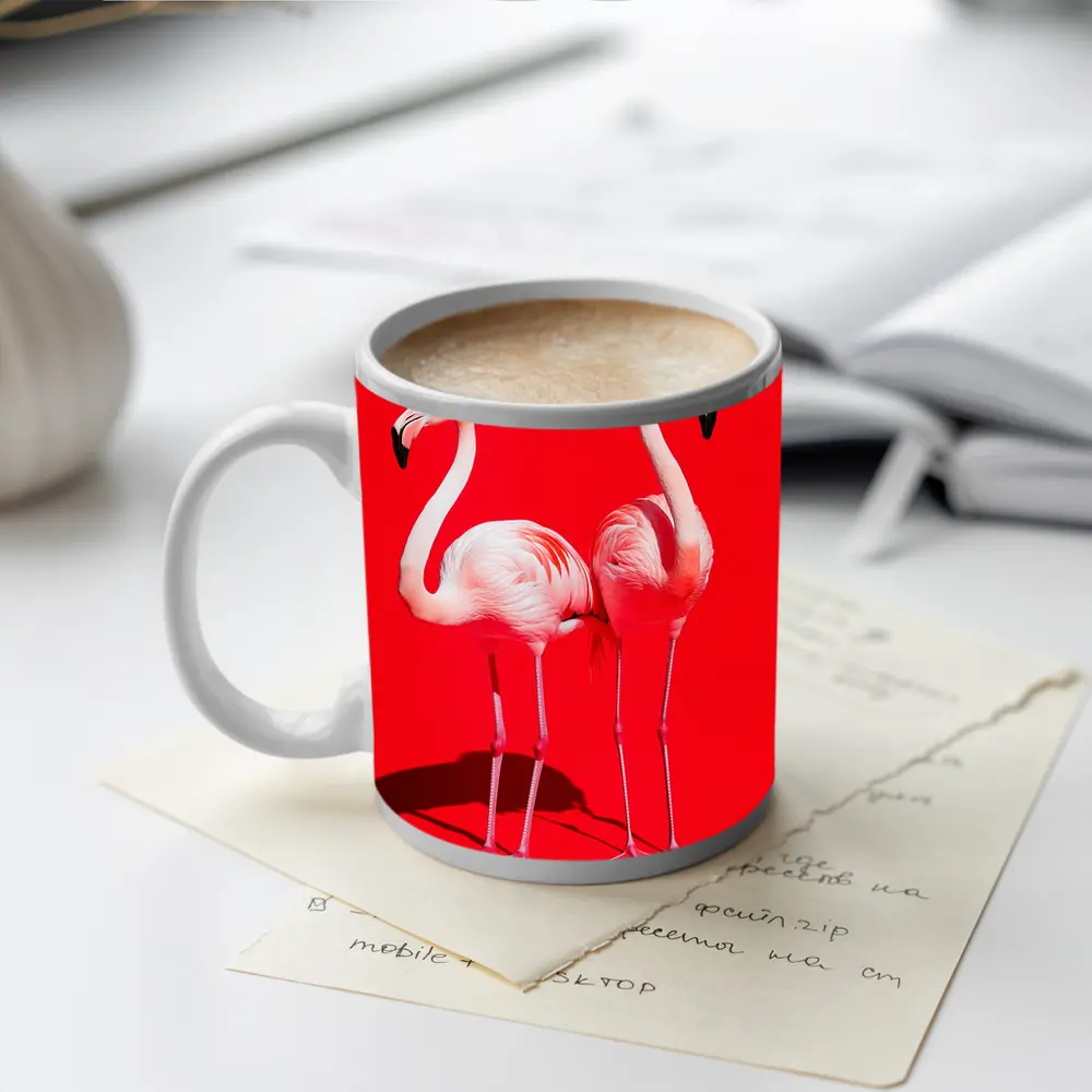 Two Pink Flamingos On Red Background – Mugs