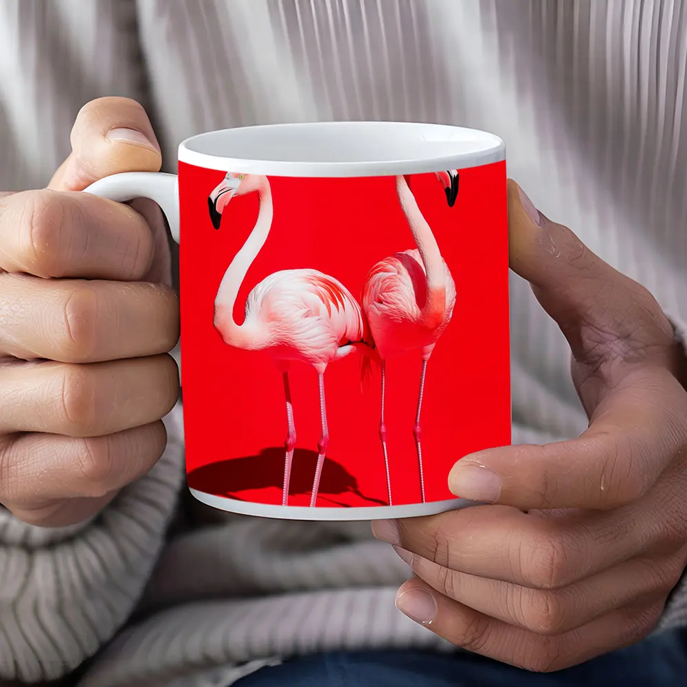 Two Pink Flamingos On Red Background – Mugs