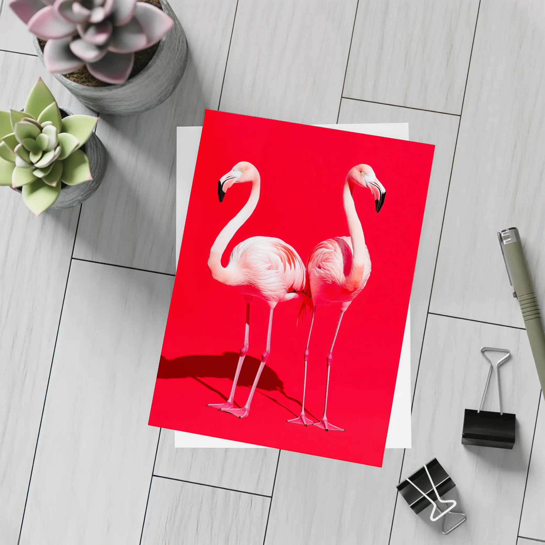 Two Pink Flamingos On Red Background – Postcards