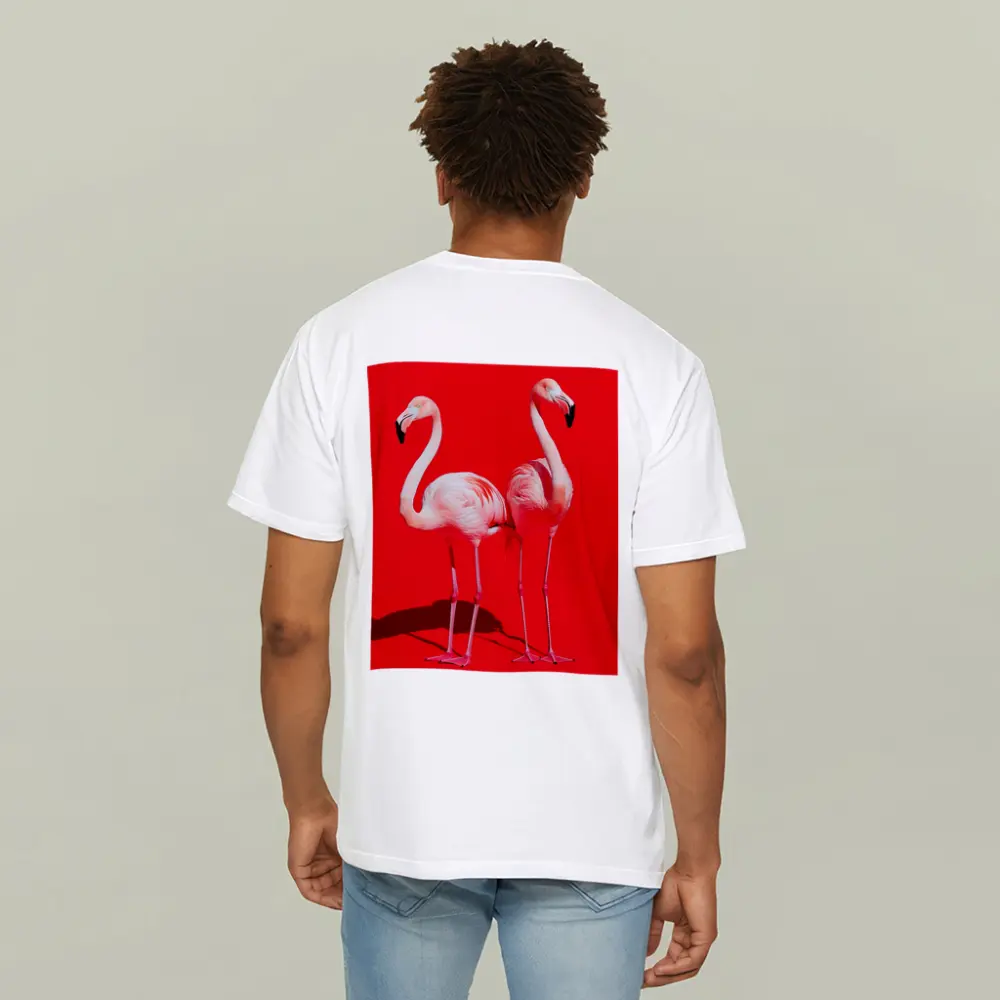 Two Pink Flamingos On Red Background – T-Shirts