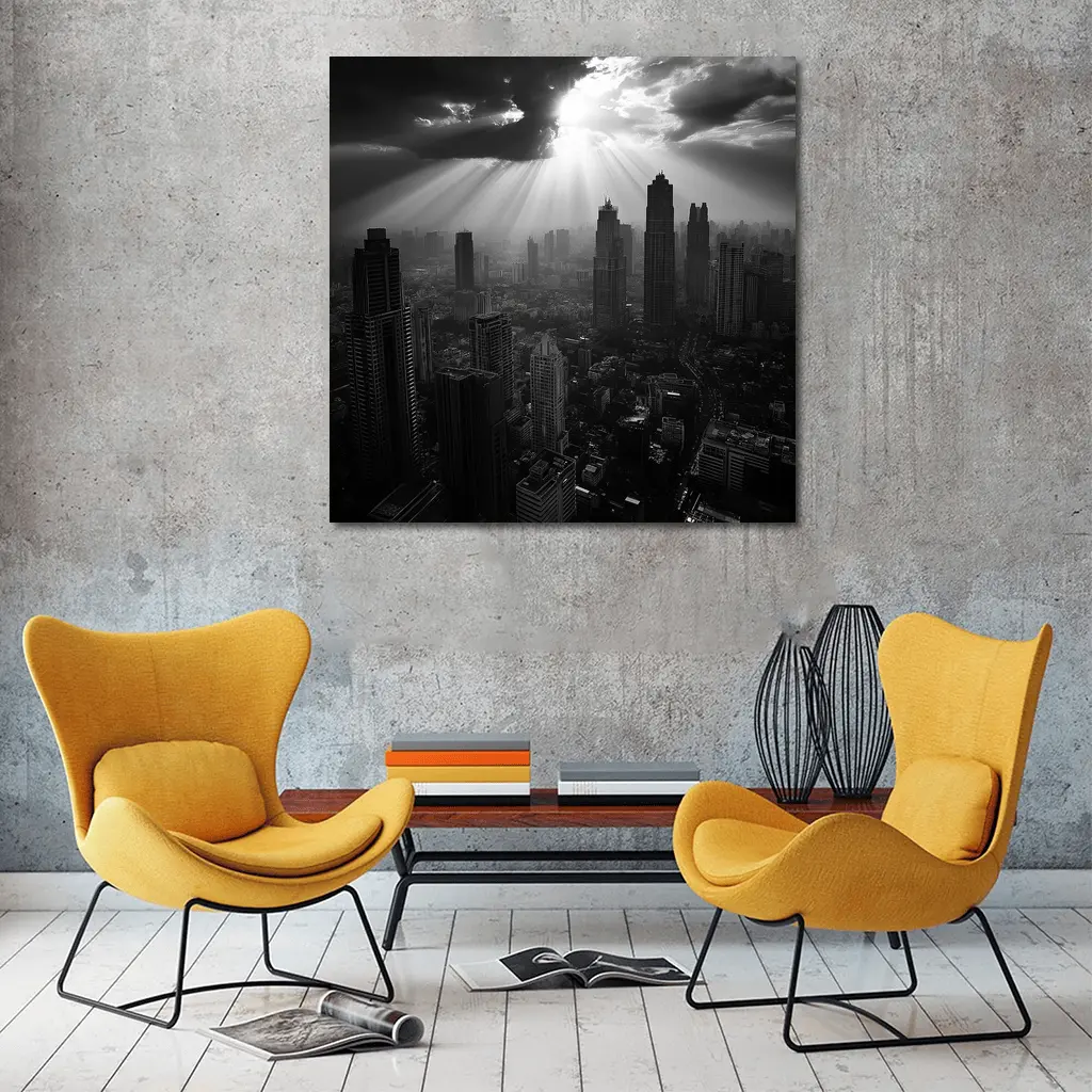 Black and White City Skyline Sun Rays – Wall Art