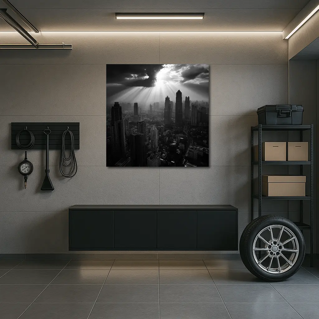 Black and White City Skyline Sun Rays – Wall Art