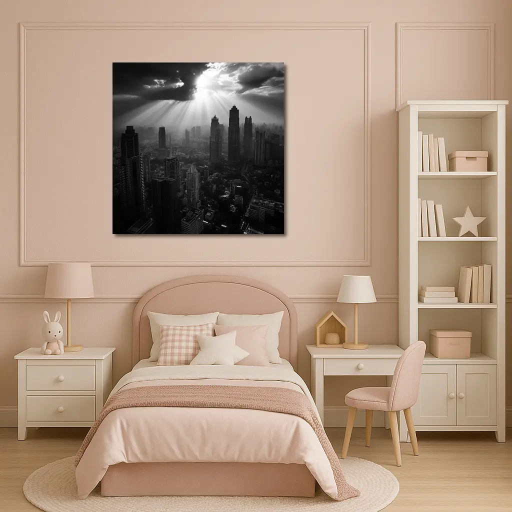 Black and White City Skyline Sun Rays – Wall Art