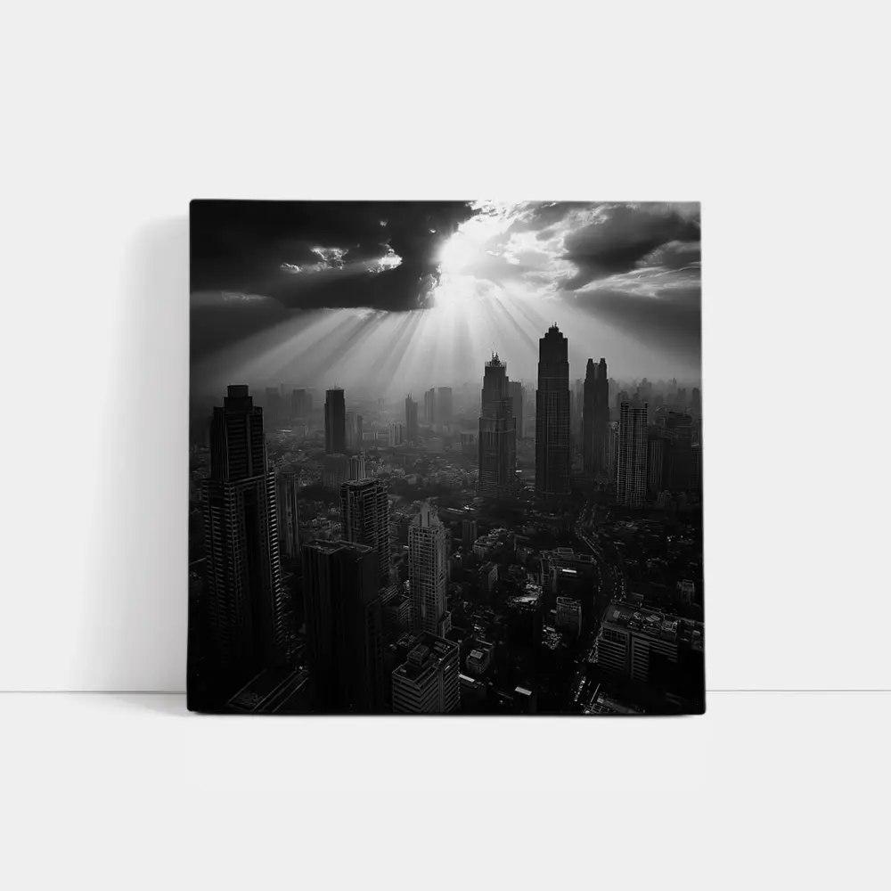 Black and White City Skyline Sun Rays – Wall Art