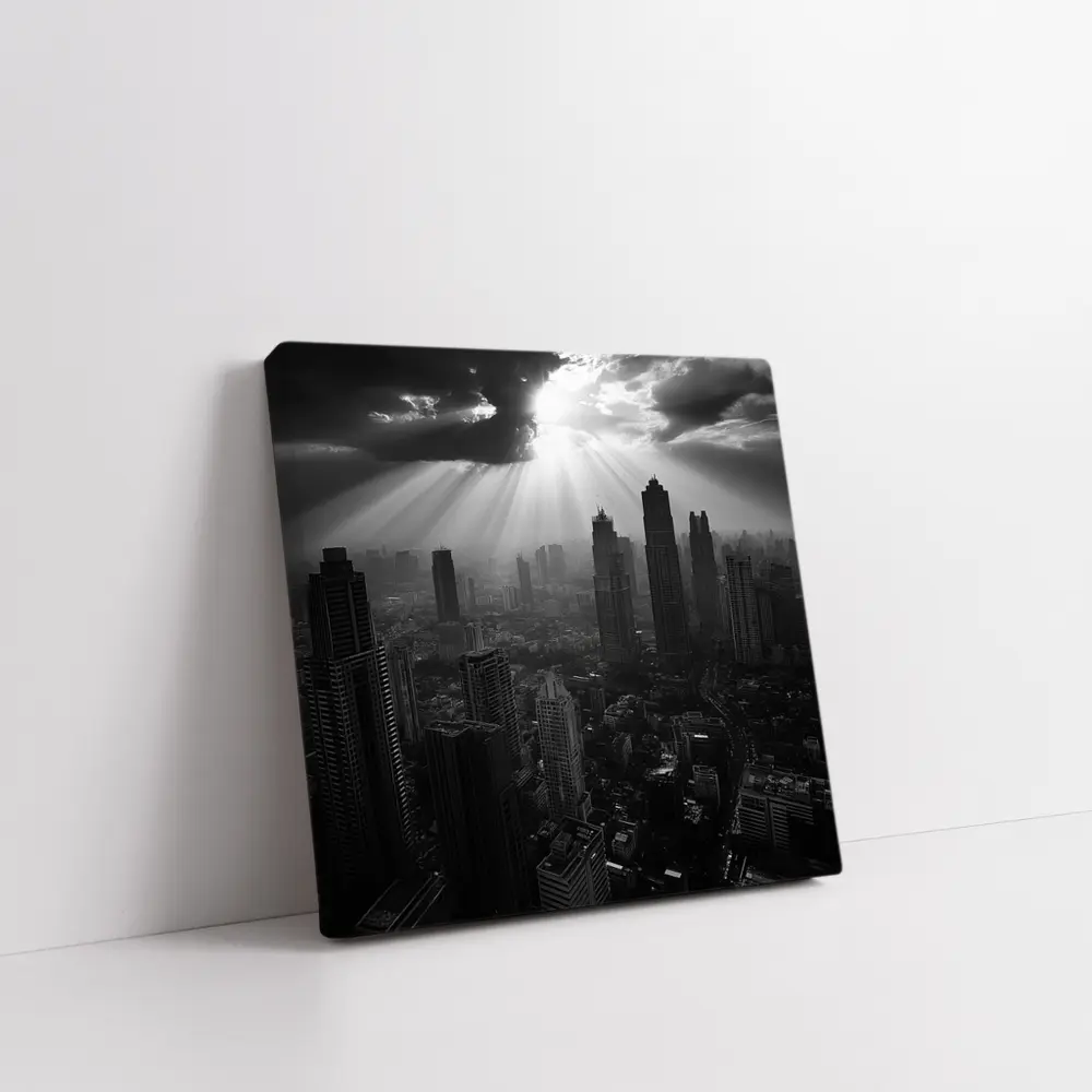 Black and White City Skyline Sun Rays – Wall Art