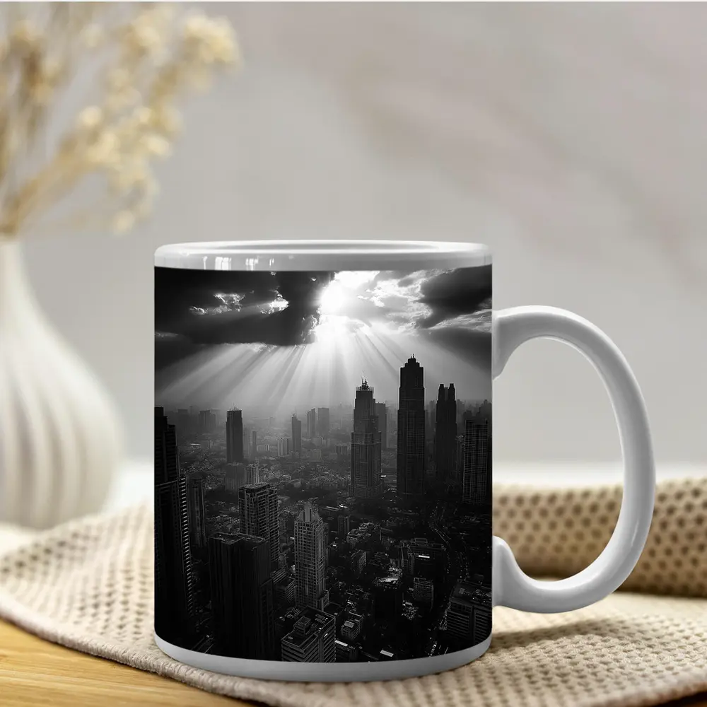 Black and White City Skyline Sun Rays – Mugs