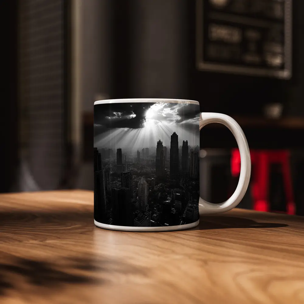 Black and White City Skyline Sun Rays – Mugs