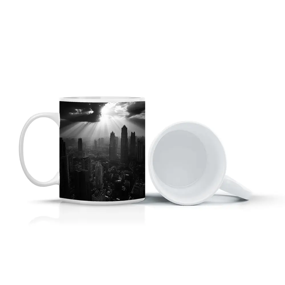 Black and White City Skyline Sun Rays – Mugs