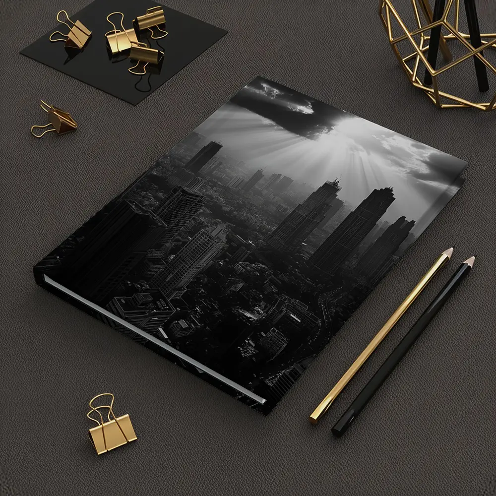 Black and White City Skyline Sun Rays – Notebooks
