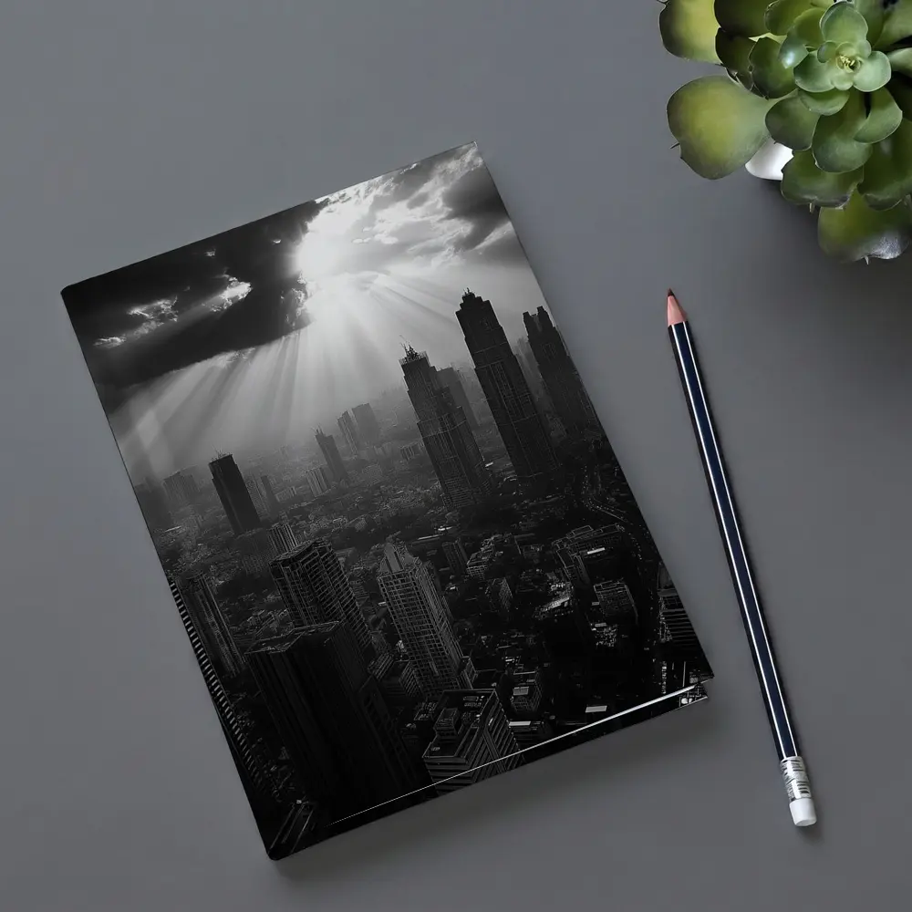 Black and White City Skyline Sun Rays – Notebooks