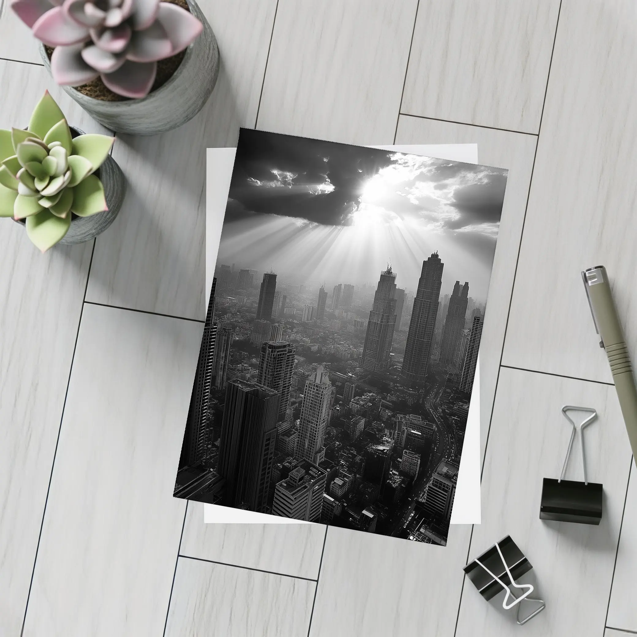 Black and White City Skyline Sun Rays – Postcards