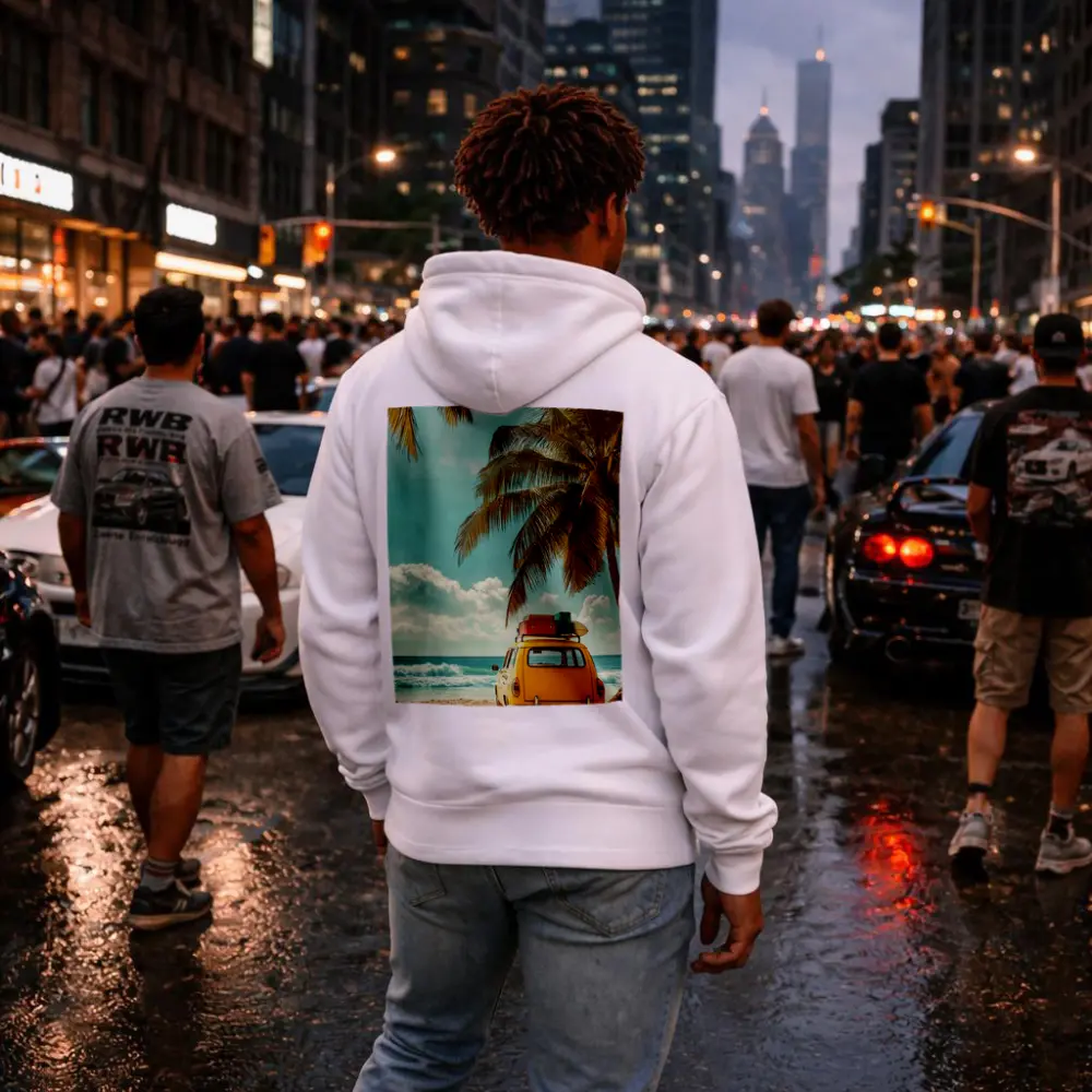 Yellow Vintage Car on Tropical Beach – Hoodies