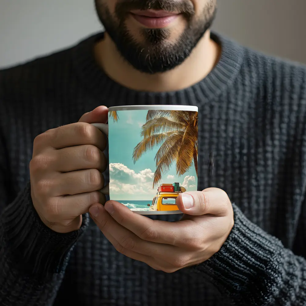 Yellow Vintage Car on Tropical Beach – Mugs