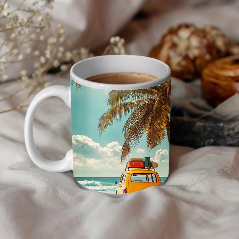 Yellow Vintage Car on Tropical Beach – Mugs
