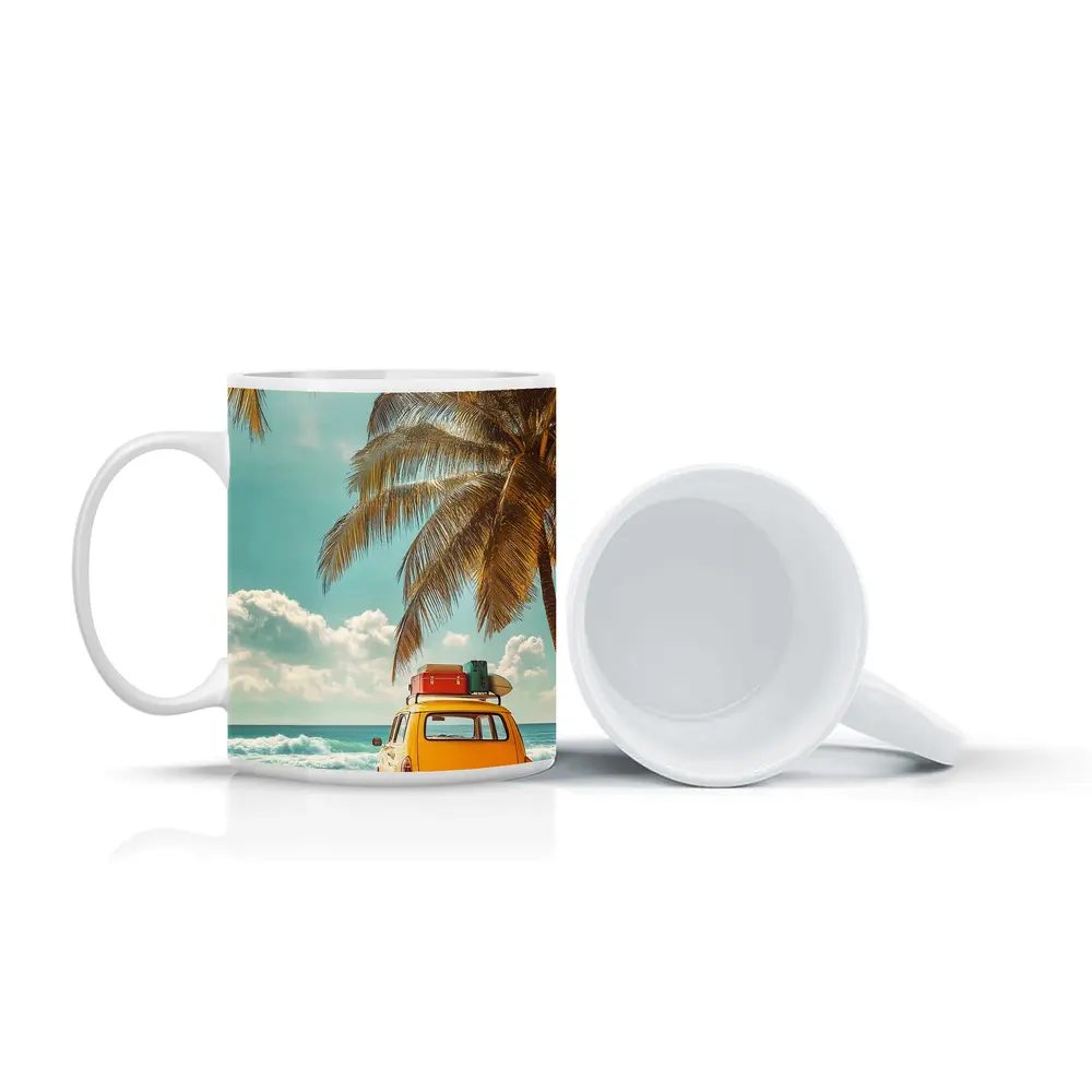Yellow Vintage Car on Tropical Beach – Mugs
