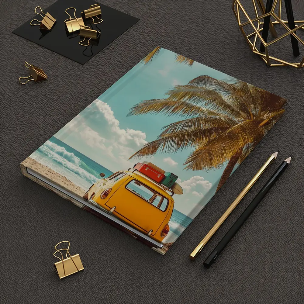 Yellow Vintage Car on Tropical Beach – Notebooks