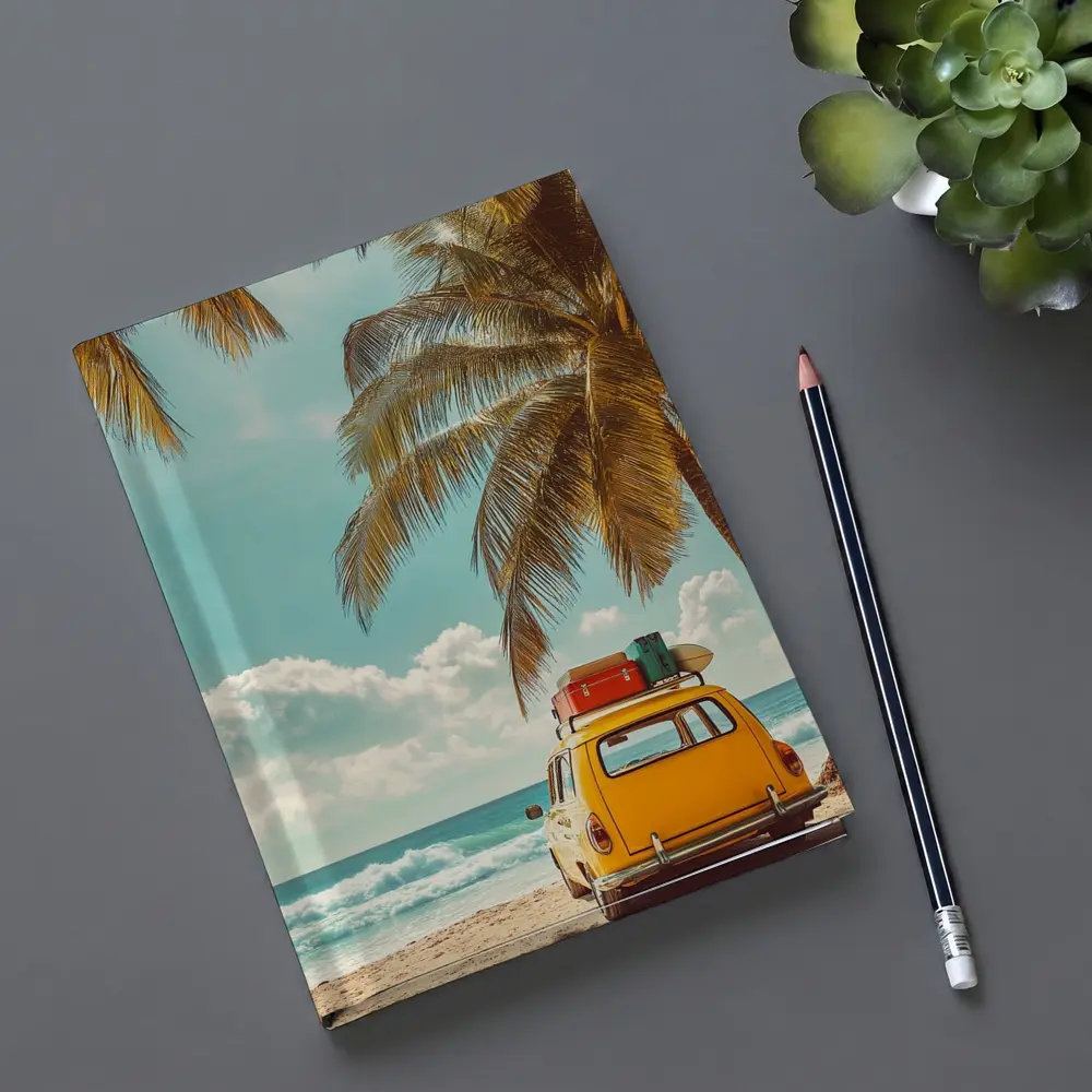 Yellow Vintage Car on Tropical Beach – Notebooks