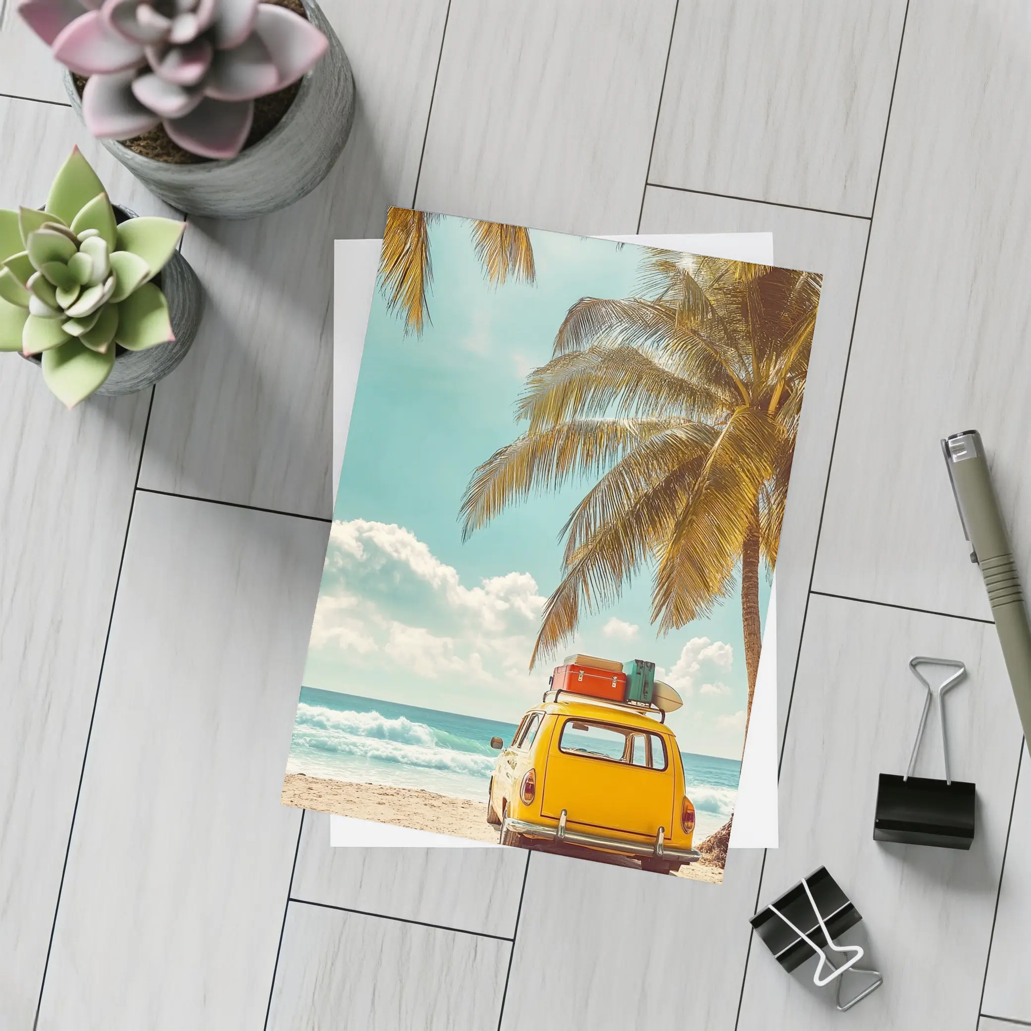 Yellow Vintage Car on Tropical Beach – Postcards