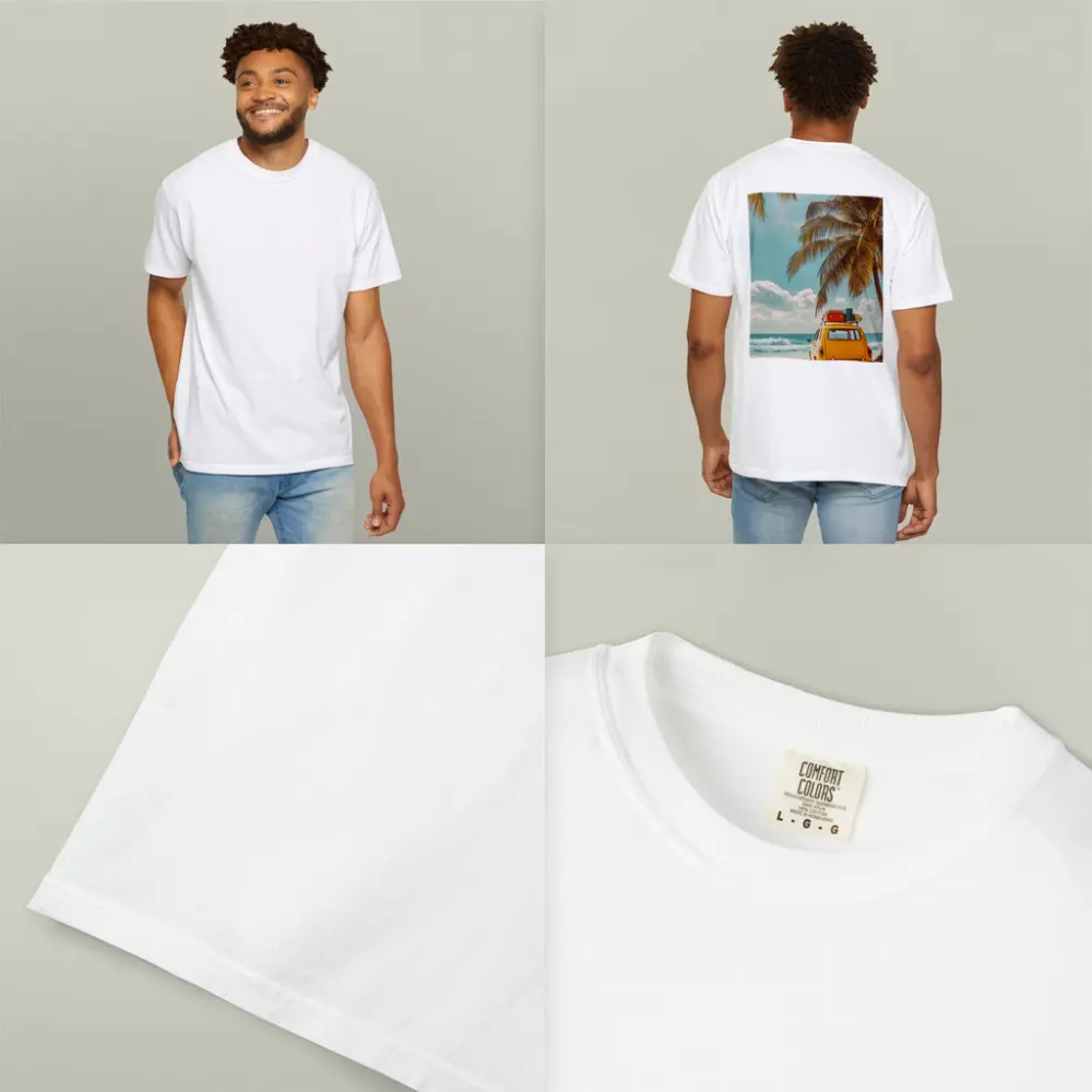 Yellow Vintage Car on Tropical Beach – T-Shirts