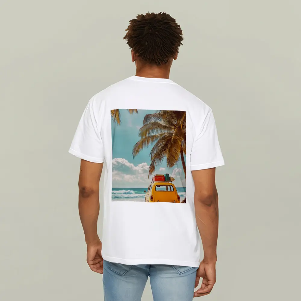 Yellow Vintage Car on Tropical Beach – T-Shirts