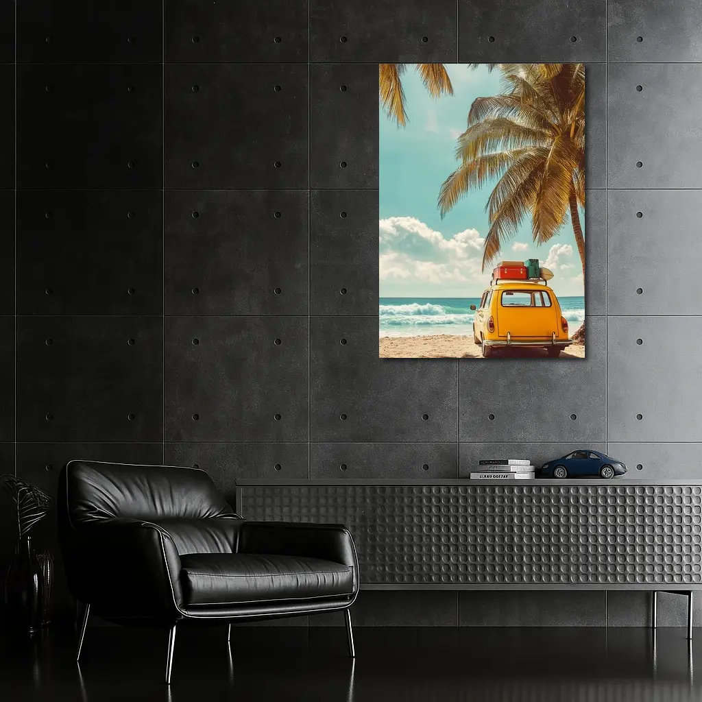 Yellow Vintage Car on Tropical Beach – Wall Art
